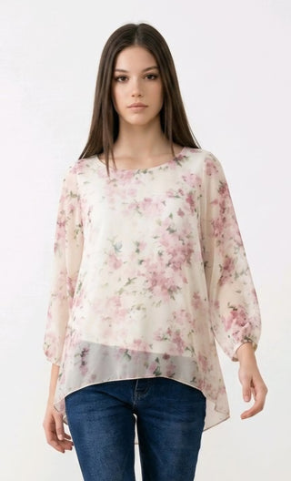 Oversized bluse med blomster, lyserød