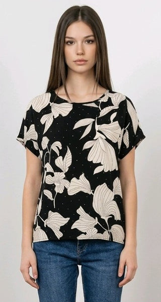 T-shirt med blomsterprint og rhinsten Brun