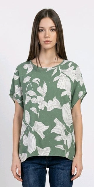 T-shirt med blomsterprint og rhinsten grøn