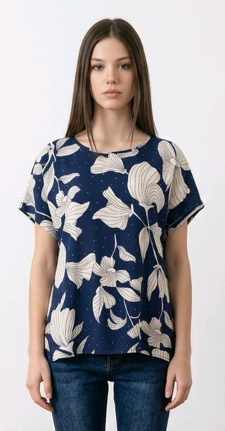 T-shirt med blomsterprint og rhinsten Blå