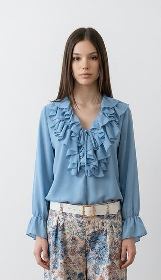 Bluse med flæse, Hvid