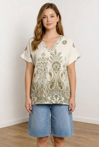 Bluse med blomster, Grøn