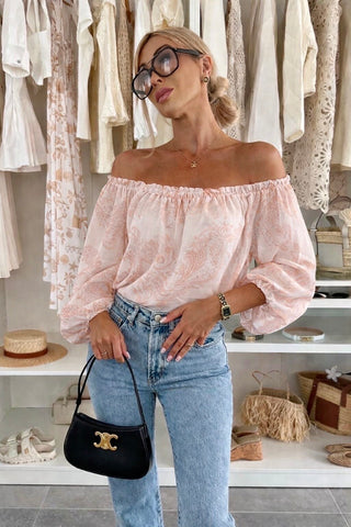 Bluse med paisley-print og off-shoulder-effekt, blå