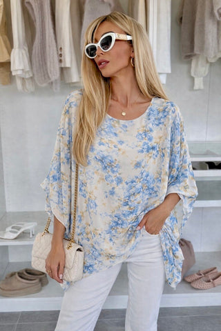 Oversized bluse med blomster, blå